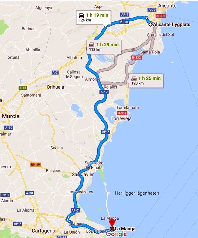 Karta över vägen från och till flygplatsen i Alicante.